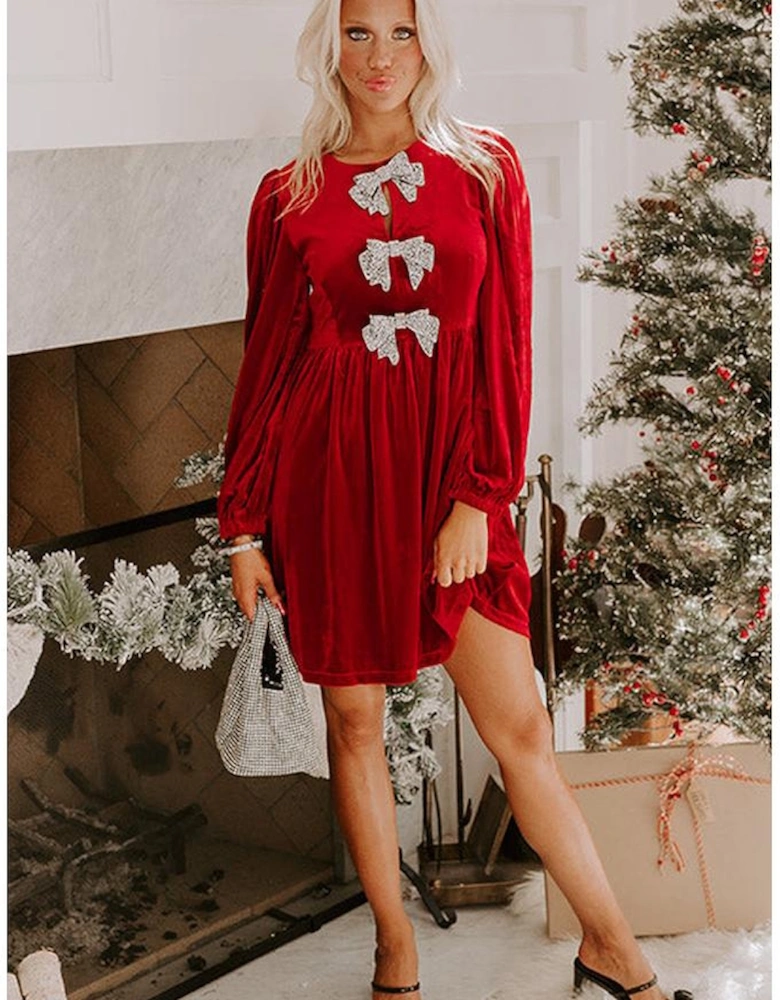 Fiery Red Bowknot Decor High Waist Velvet Mini Dress