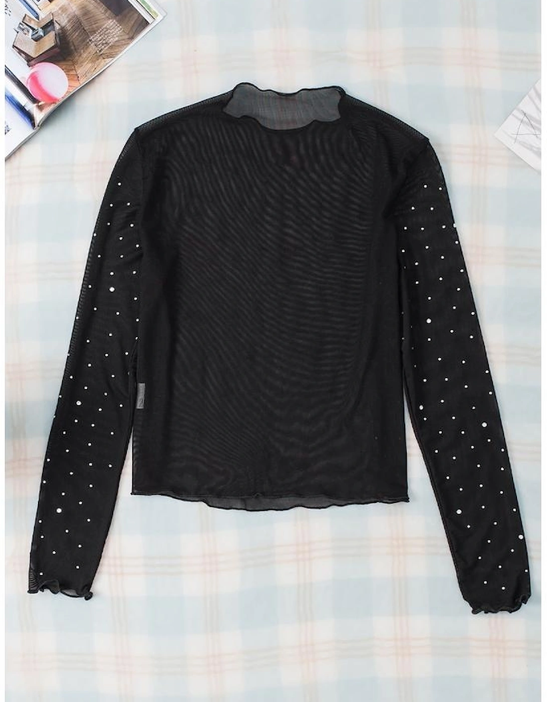 Black Rhinestone Sheer Mesh Slim Fit Long Sleeve Top, 15 of 14