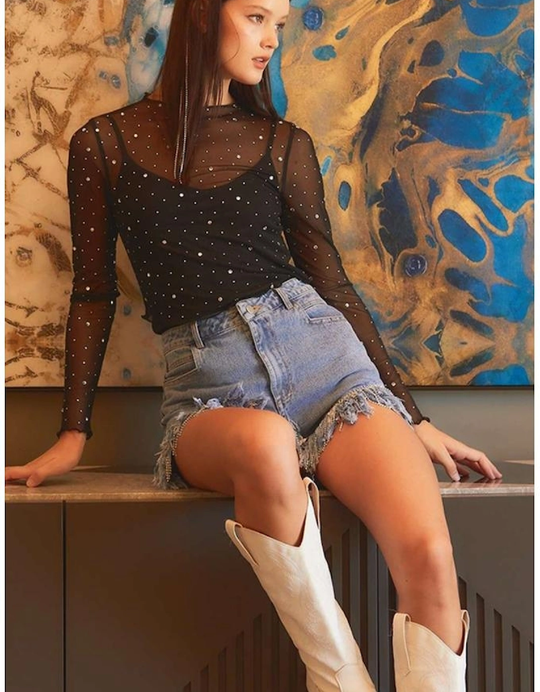 Black Rhinestone Sheer Mesh Slim Fit Long Sleeve Top