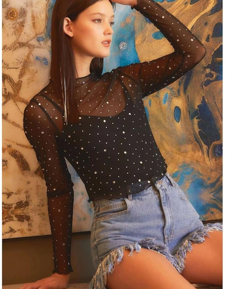 Black Rhinestone Sheer Mesh Slim Fit Long Sleeve Top