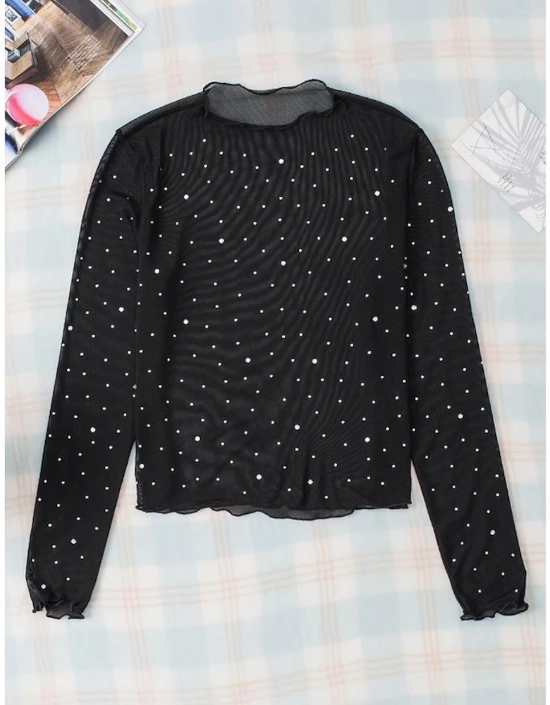 Black Rhinestone Sheer Mesh Slim Fit Long Sleeve Top