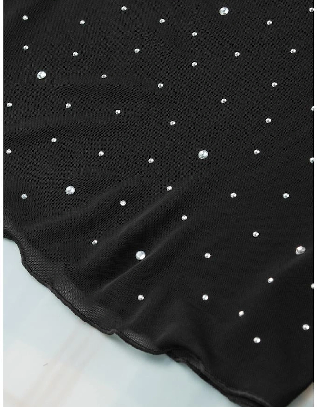 Black Rhinestone Sheer Mesh Slim Fit Long Sleeve Top
