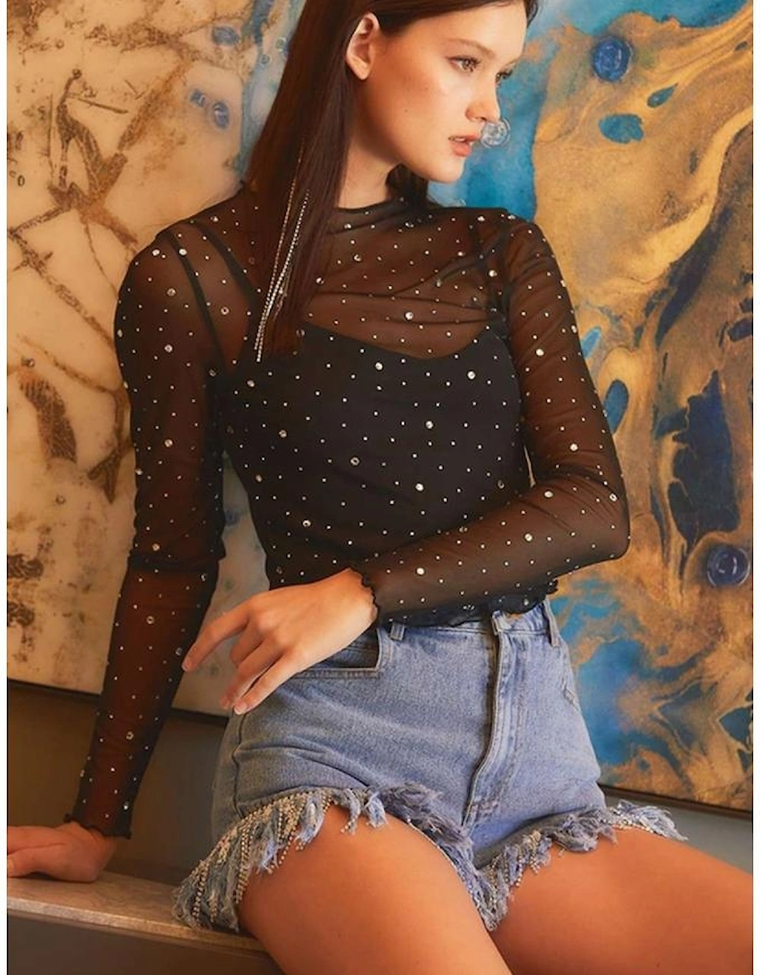 Black Rhinestone Sheer Mesh Slim Fit Long Sleeve Top