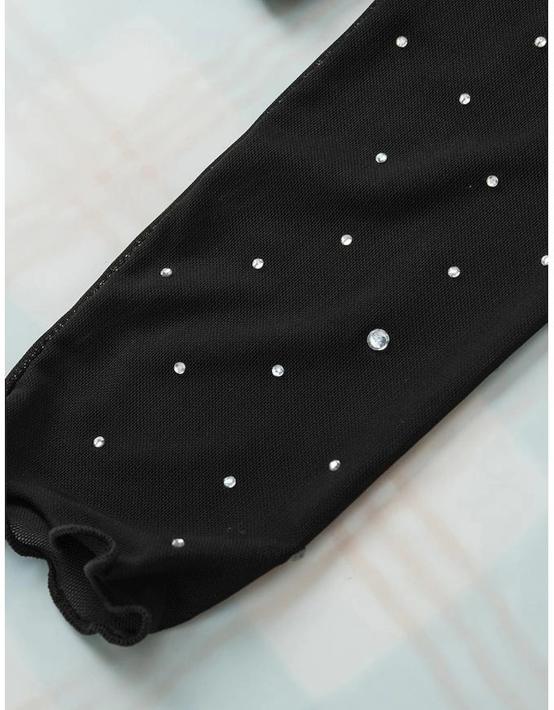 Black Rhinestone Sheer Mesh Slim Fit Long Sleeve Top