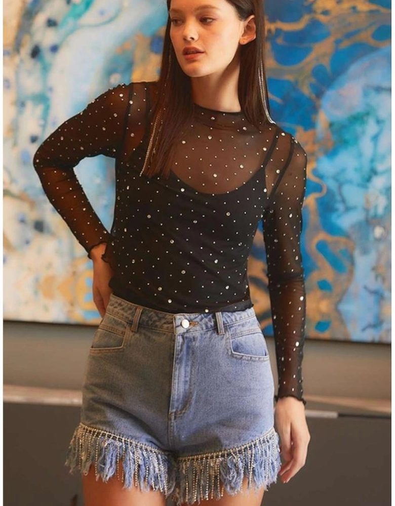 Black Rhinestone Sheer Mesh Slim Fit Long Sleeve Top