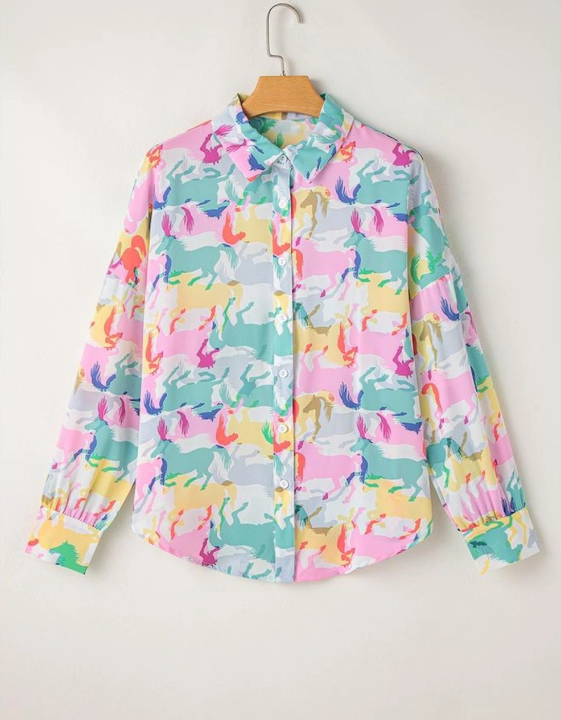 White Colorful Horse Printed Long Sleeve Button Up Casual Shirt, 12 of 11