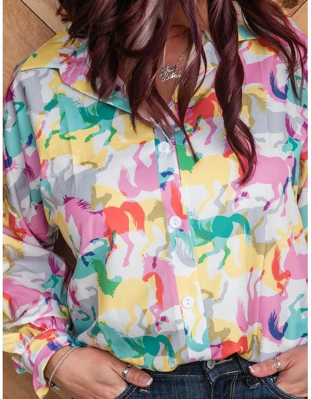 White Colorful Horse Printed Long Sleeve Button Up Casual Shirt
