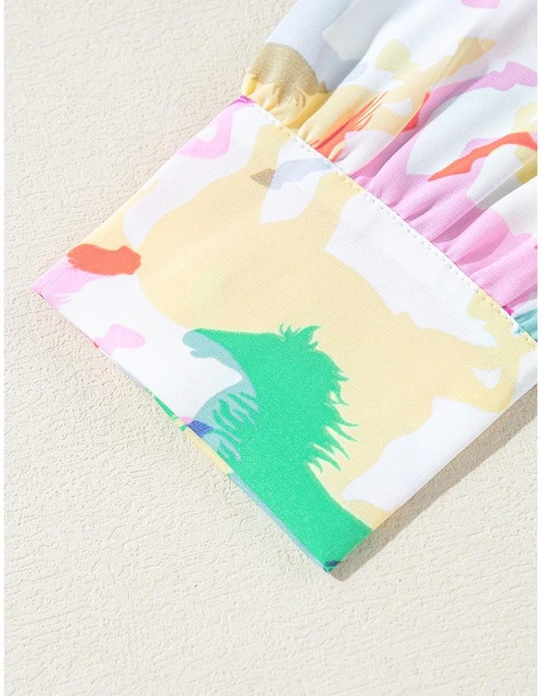 White Colorful Horse Printed Long Sleeve Button Up Casual Shirt