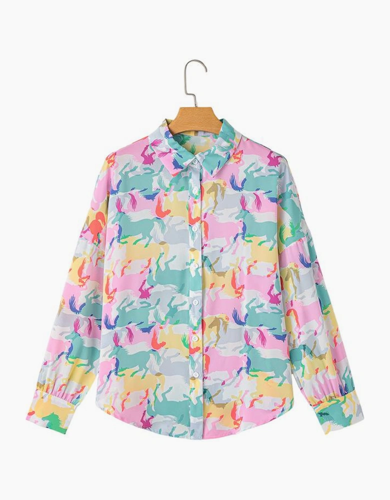White Colorful Horse Printed Long Sleeve Button Up Casual Shirt