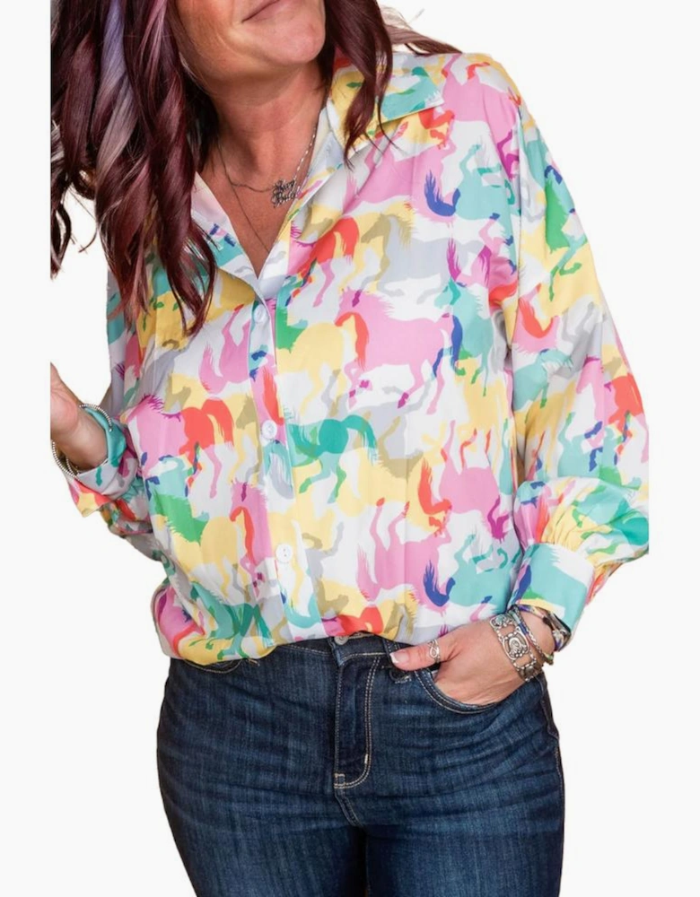 White Colorful Horse Printed Long Sleeve Button Up Casual Shirt