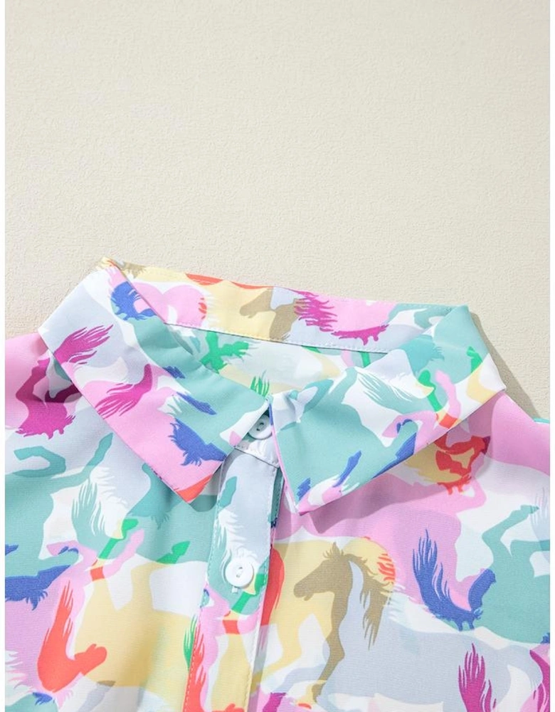 White Colorful Horse Printed Long Sleeve Button Up Casual Shirt