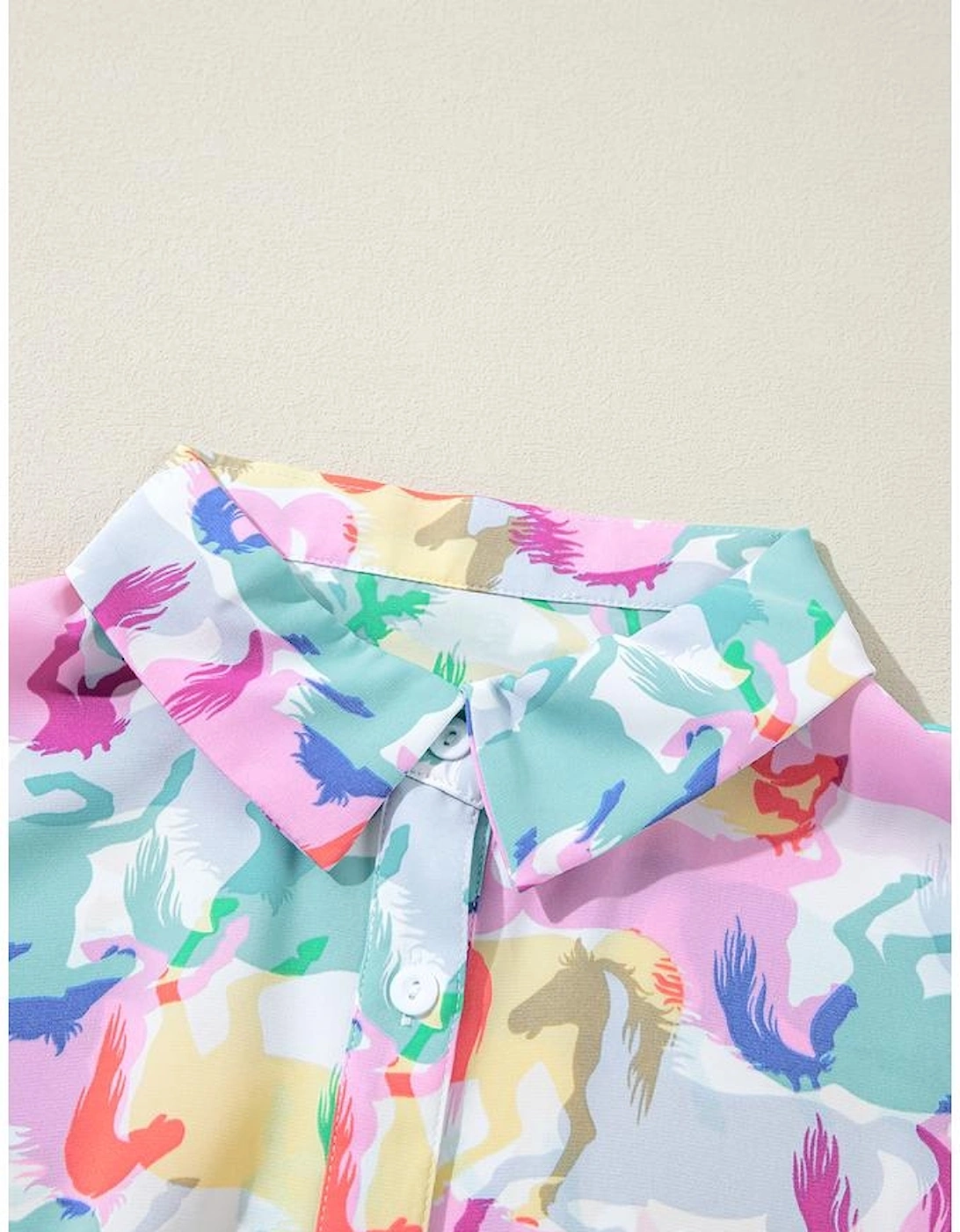 White Colorful Horse Printed Long Sleeve Button Up Casual Shirt