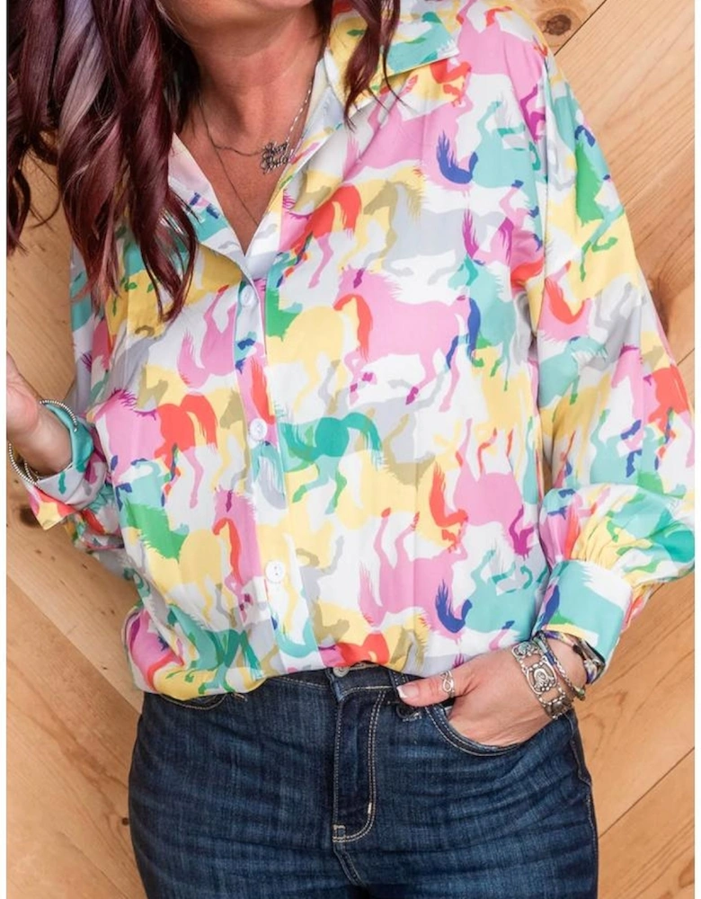 White Colorful Horse Printed Long Sleeve Button Up Casual Shirt