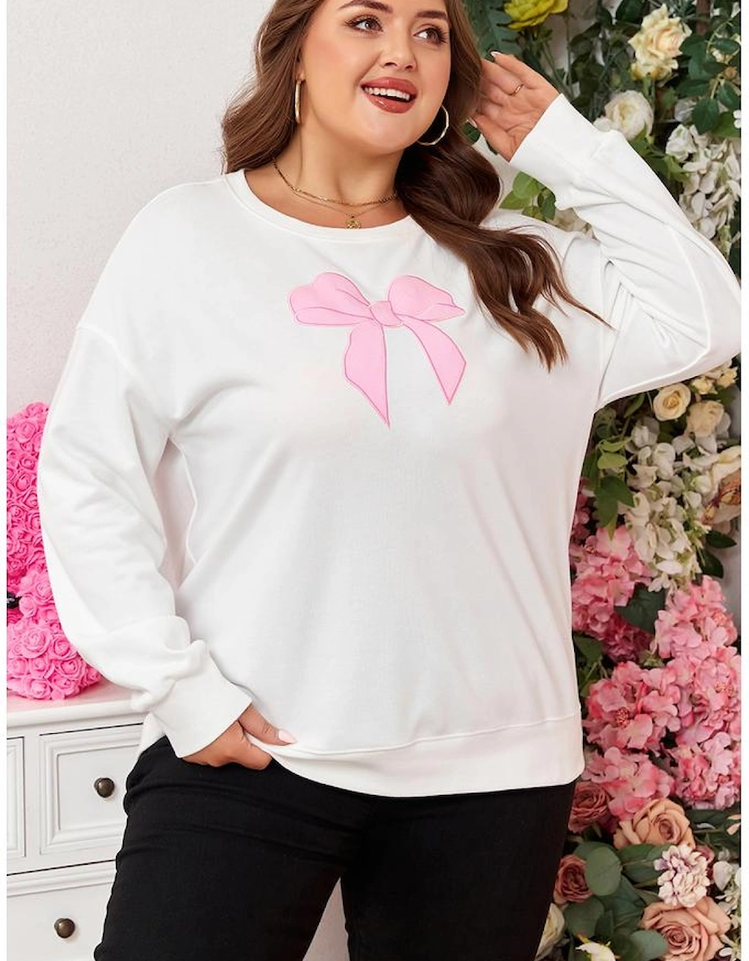 Beige Big Bow Accent Plus Size Drop Shoulder Sweatshirt