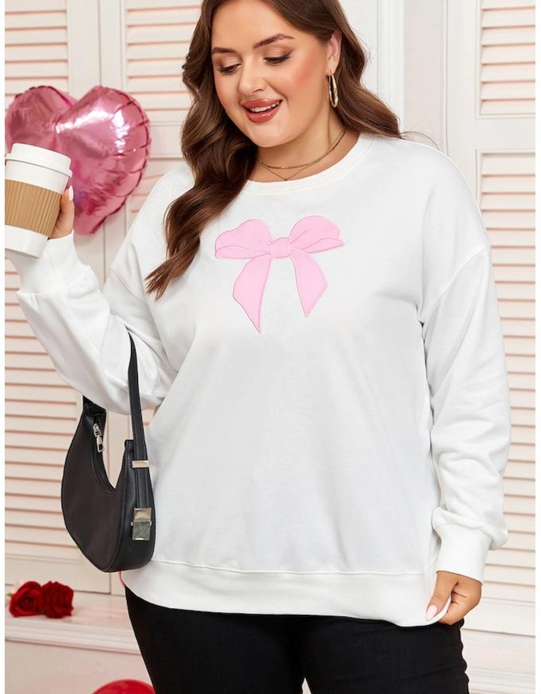 Beige Big Bow Accent Plus Size Drop Shoulder Sweatshirt