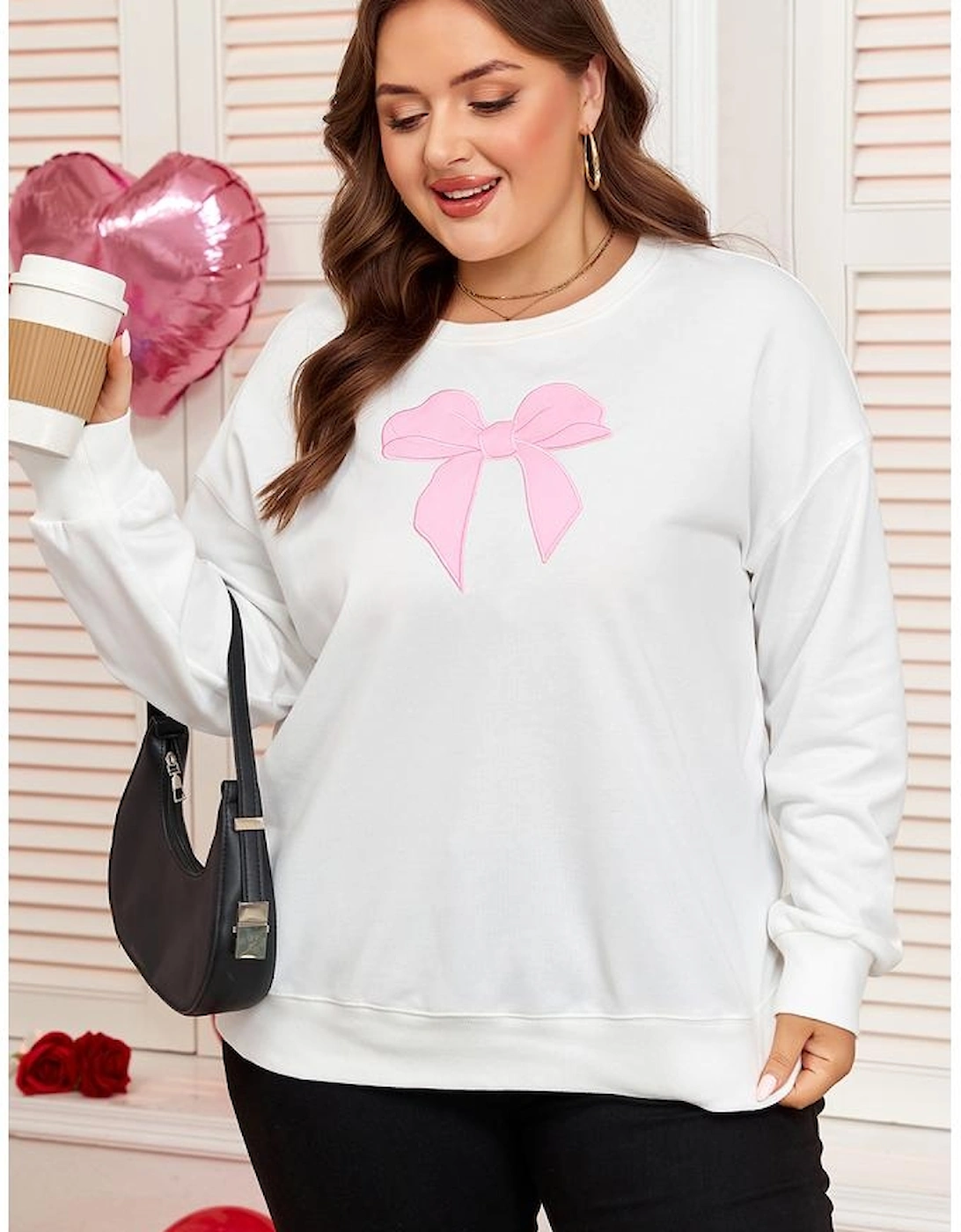 Beige Big Bow Accent Plus Size Drop Shoulder Sweatshirt