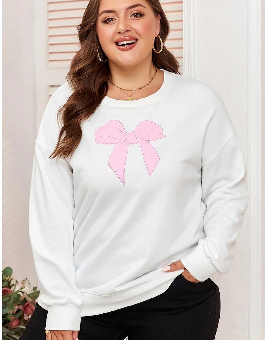 Beige Big Bow Accent Plus Size Drop Shoulder Sweatshirt