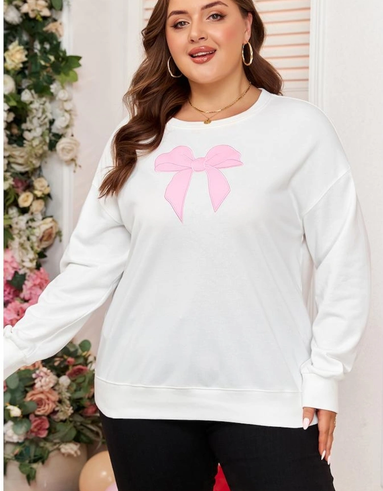 Beige Big Bow Accent Plus Size Drop Shoulder Sweatshirt