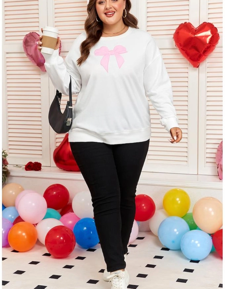 Beige Big Bow Accent Plus Size Drop Shoulder Sweatshirt