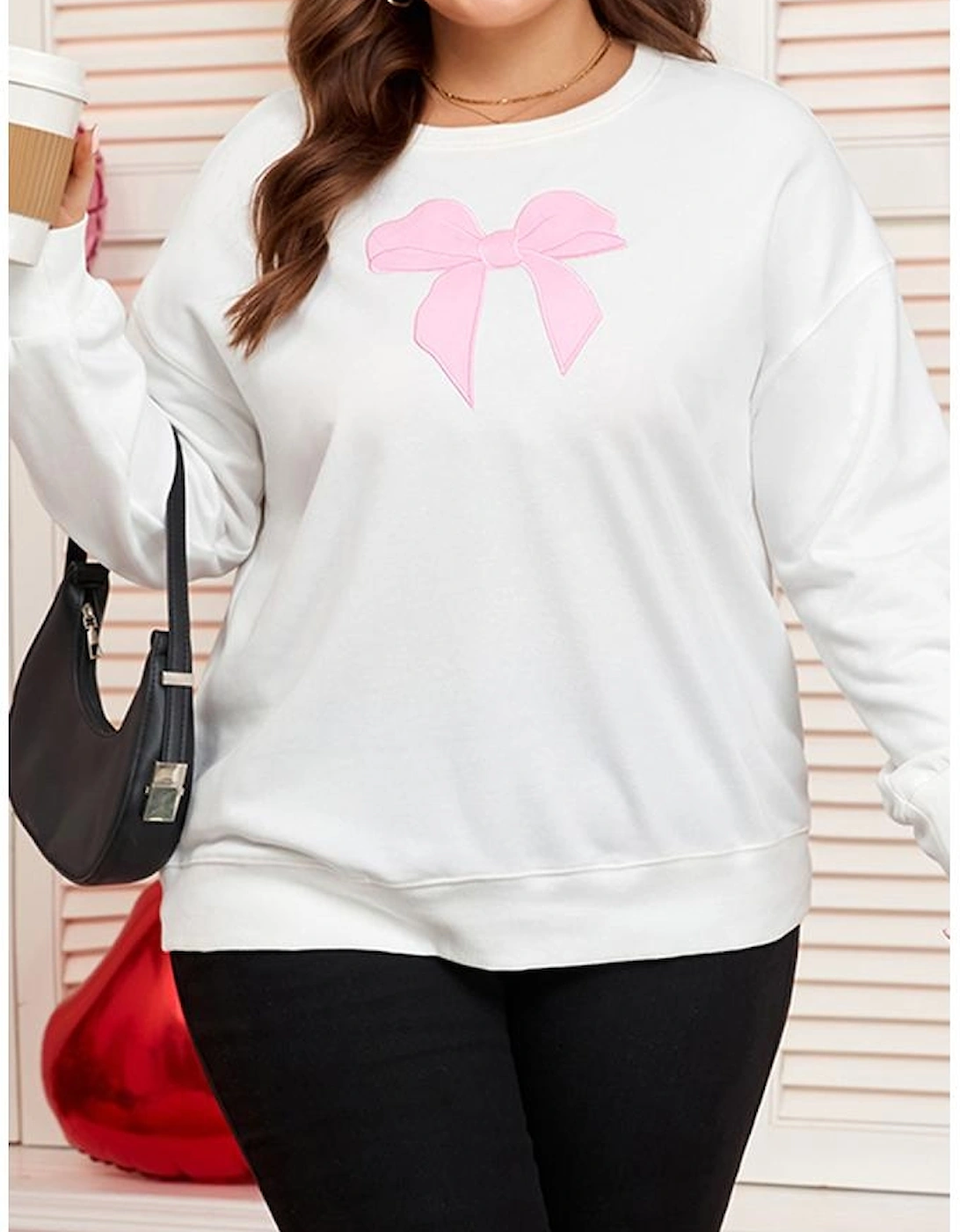 Beige Big Bow Accent Plus Size Drop Shoulder Sweatshirt