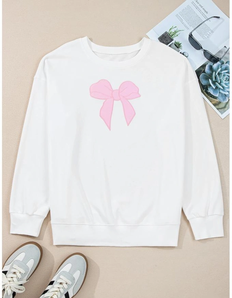 Beige Big Bow Accent Plus Size Drop Shoulder Sweatshirt