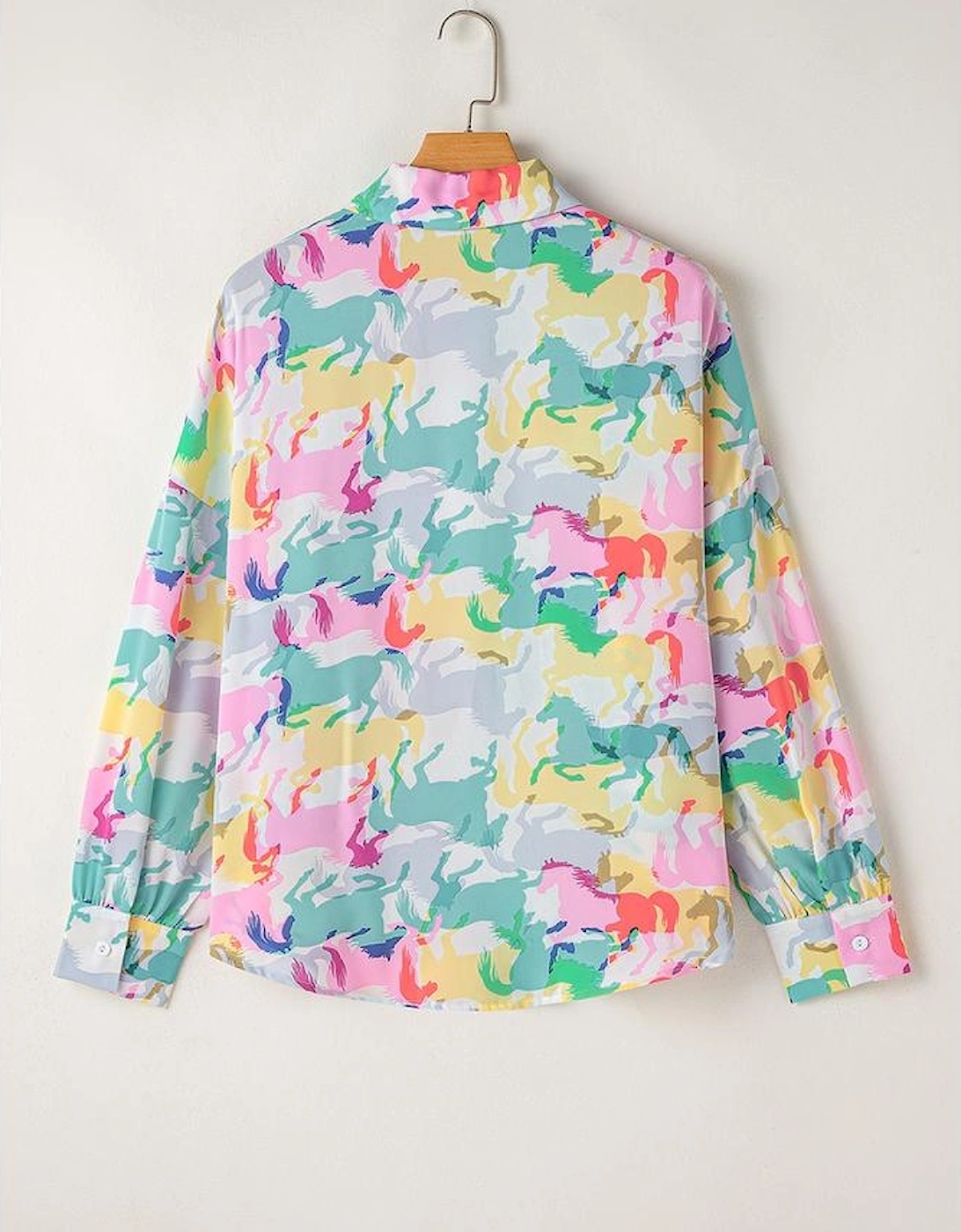 White Colorful Horse Printed Long Sleeve Button Up Casual Shirt