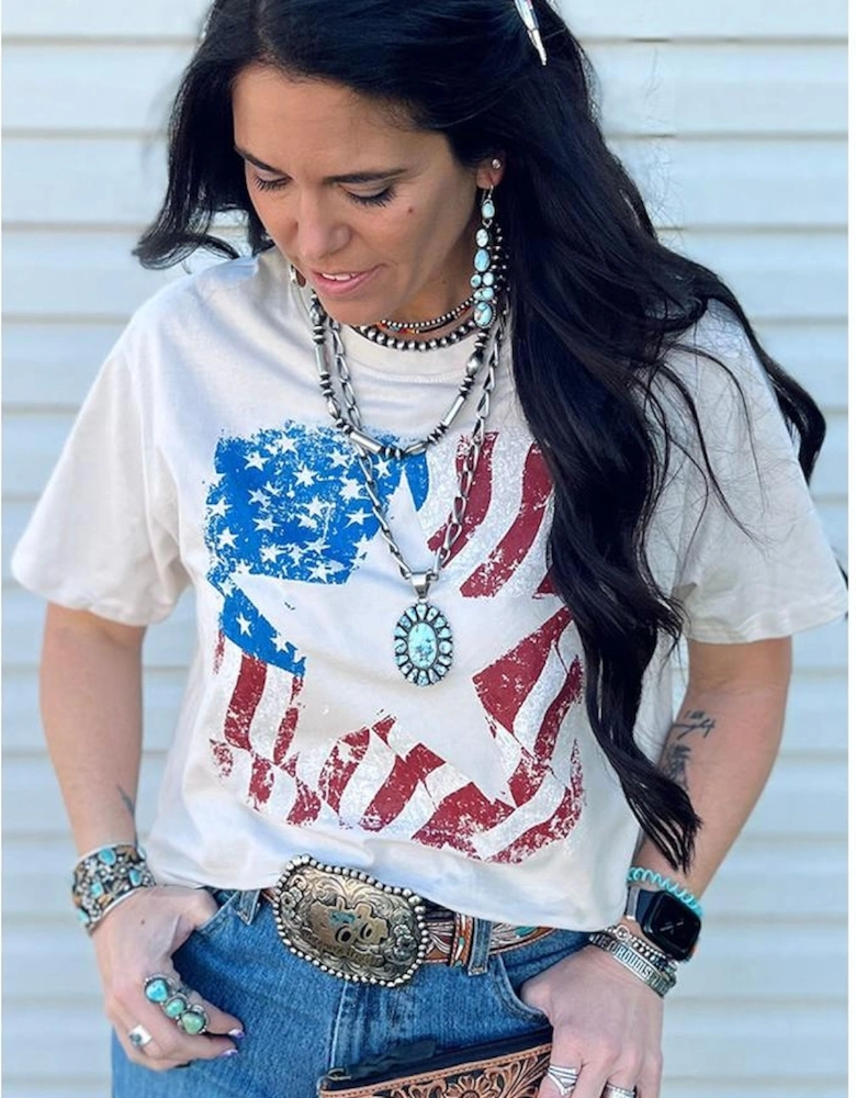 White American Flag Star Graphic Crew Neck T Shirt