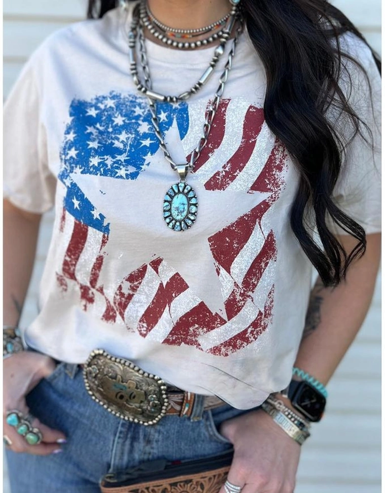 White American Flag Star Graphic Crew Neck T Shirt