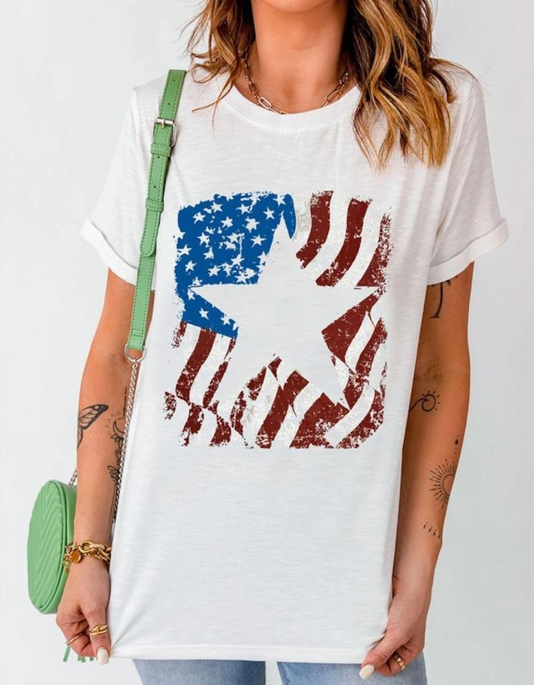 White American Flag Star Graphic Crew Neck T Shirt