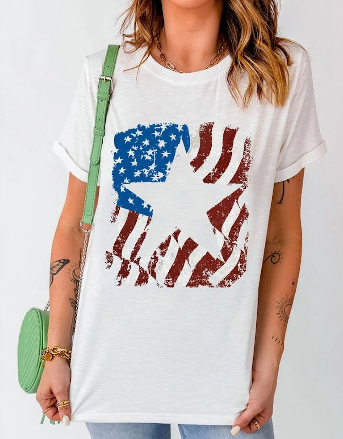 White American Flag Star Graphic Crew Neck T Shirt