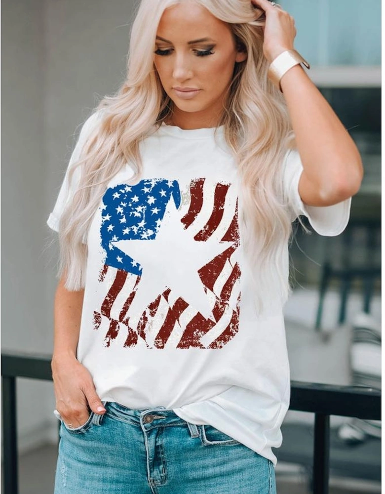 White American Flag Star Graphic Crew Neck T Shirt