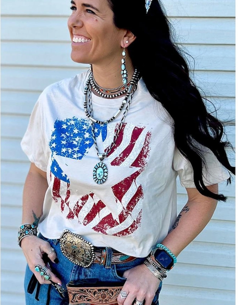 White American Flag Star Graphic Crew Neck T Shirt