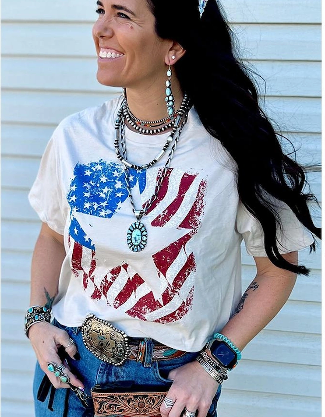 White American Flag Star Graphic Crew Neck T Shirt