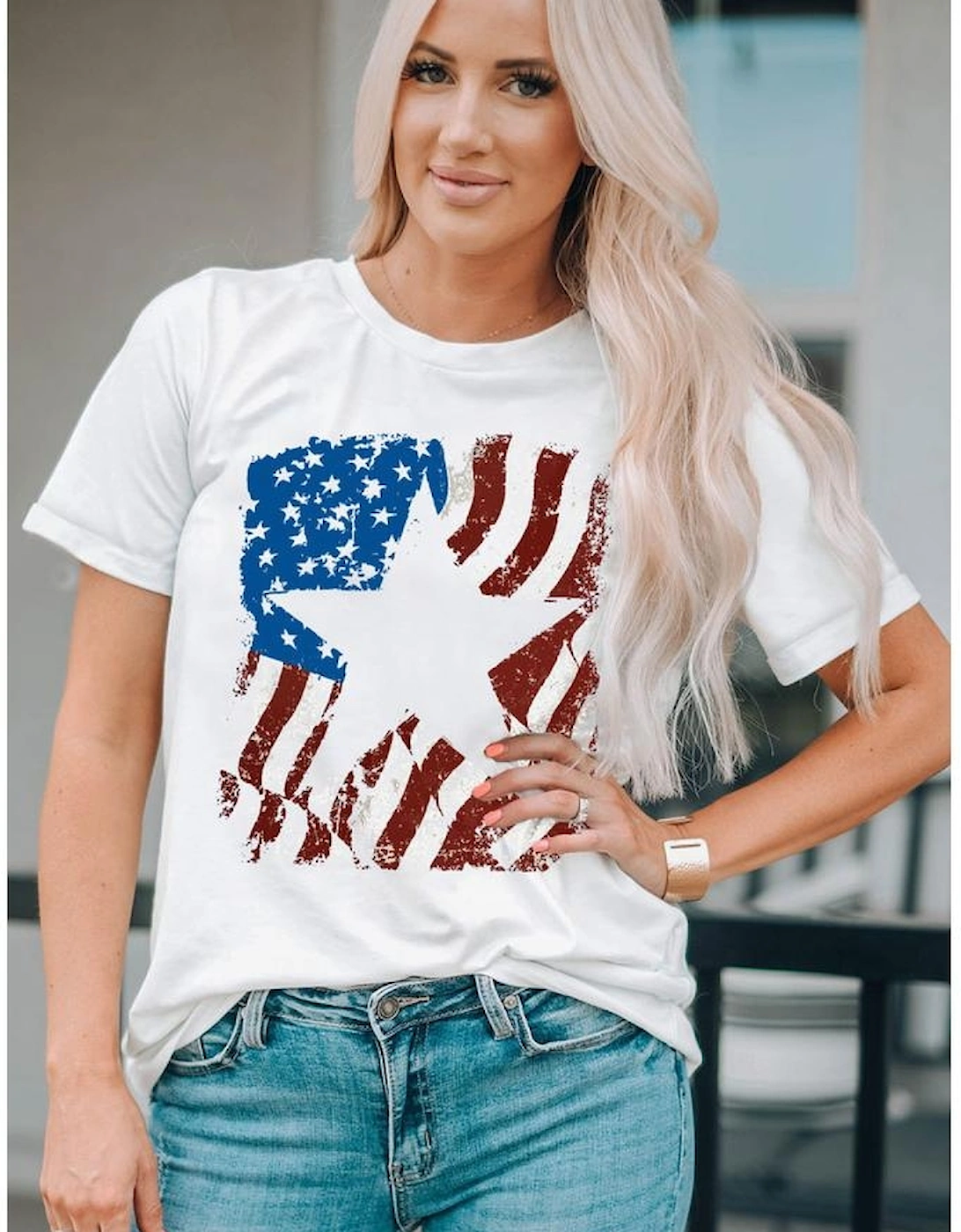 White American Flag Star Graphic Crew Neck T Shirt