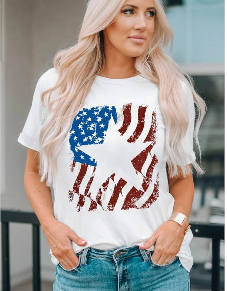 White American Flag Star Graphic Crew Neck T Shirt