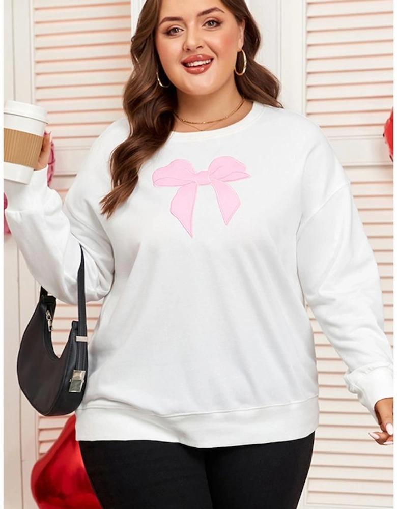 Beige Big Bow Accent Plus Size Drop Shoulder Sweatshirt