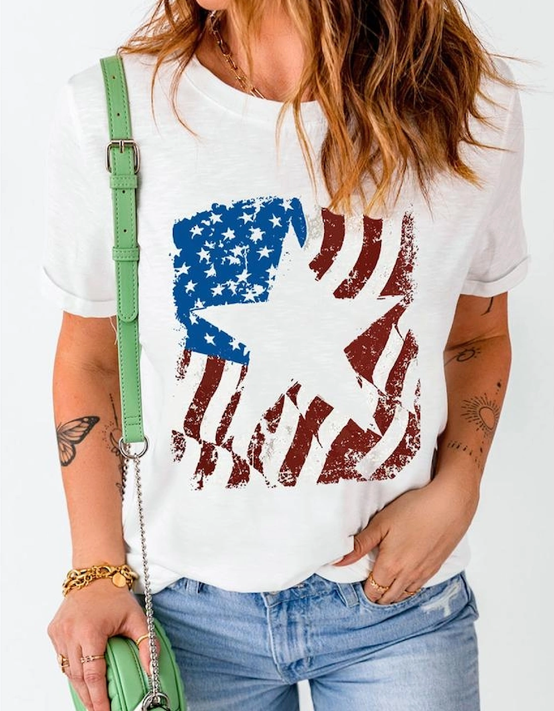 White American Flag Star Graphic Crew Neck T Shirt