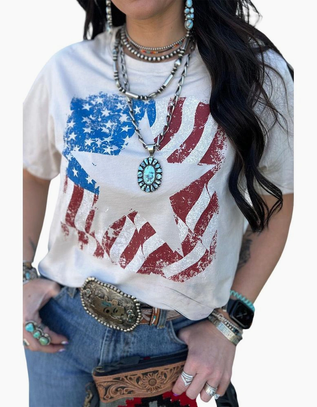 White American Flag Star Graphic Crew Neck T Shirt