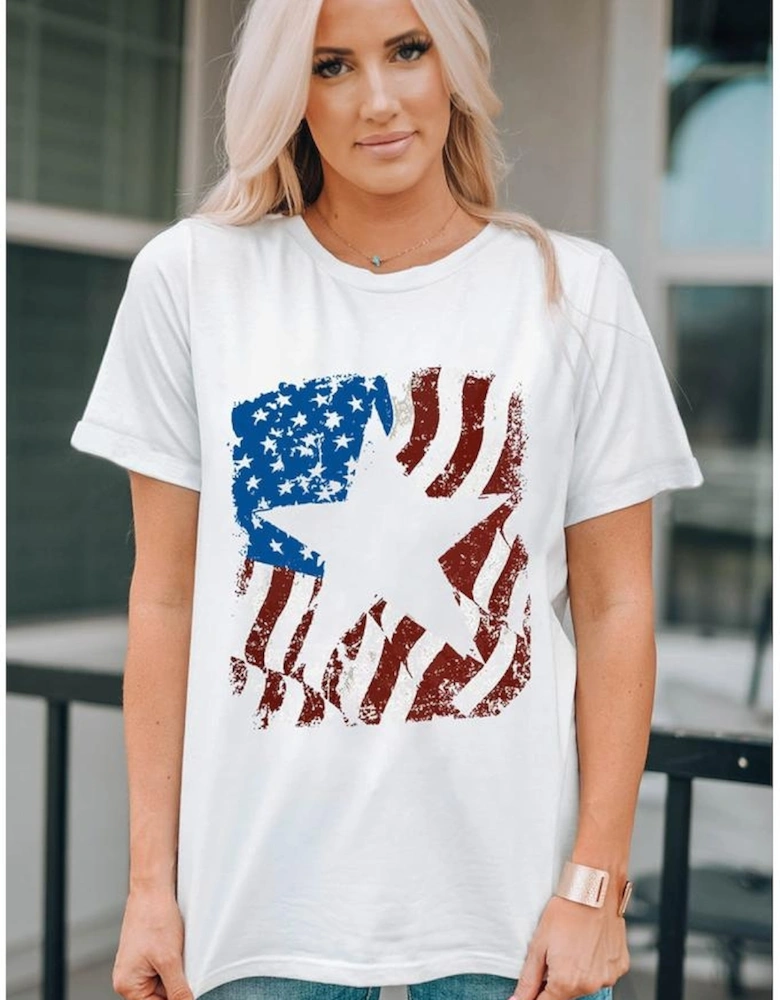 White American Flag Star Graphic Crew Neck T Shirt