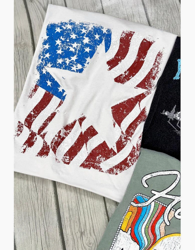 White American Flag Star Graphic Crew Neck T Shirt