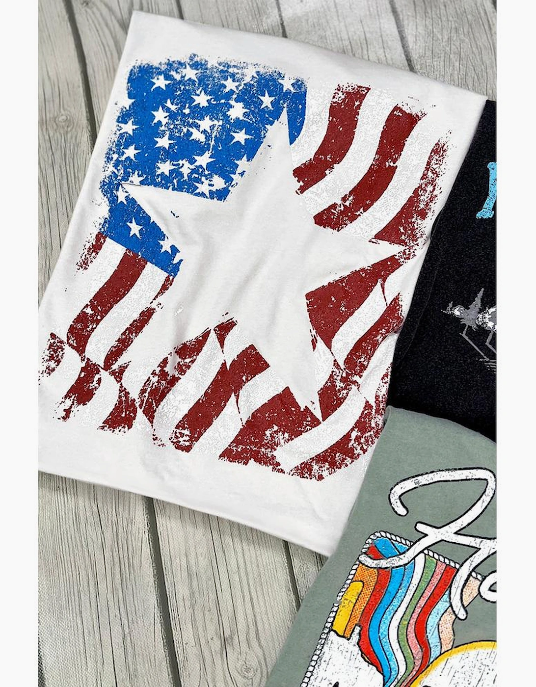 White American Flag Star Graphic Crew Neck T Shirt