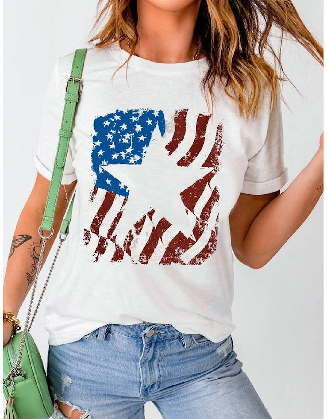 White American Flag Star Graphic Crew Neck T Shirt