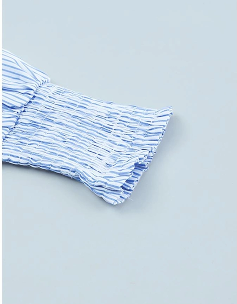 Sky Blue Smocked Cuffed Striped Boyfriend Shirt with Pocket