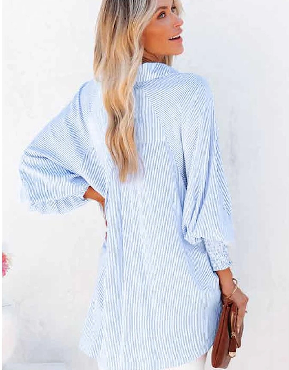 Sky Blue Smocked Cuffed Striped Boyfriend Shirt with Pocket