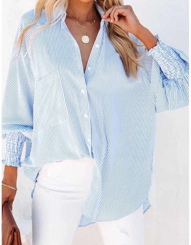 Sky Blue Smocked Cuffed Striped Boyfriend Shirt with Pocket