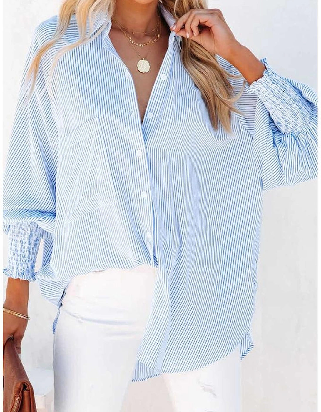 Sky Blue Smocked Cuffed Striped Boyfriend Shirt with Pocket