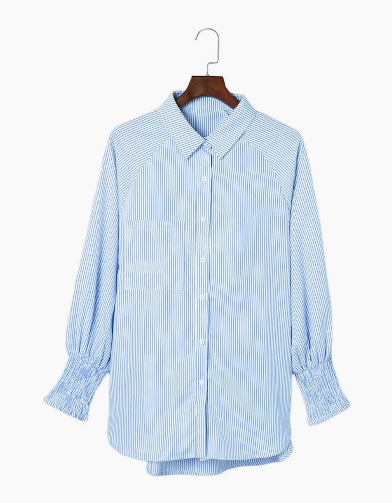 Sky Blue Smocked Cuffed Striped Boyfriend Shirt with Pocket
