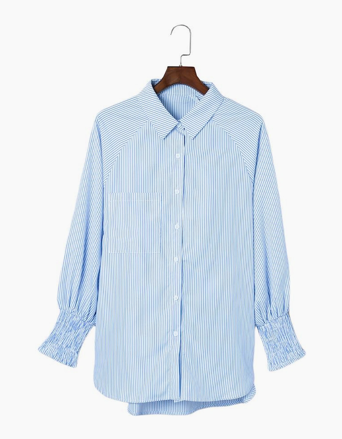 Sky Blue Smocked Cuffed Striped Boyfriend Shirt with Pocket, 17 of 16
