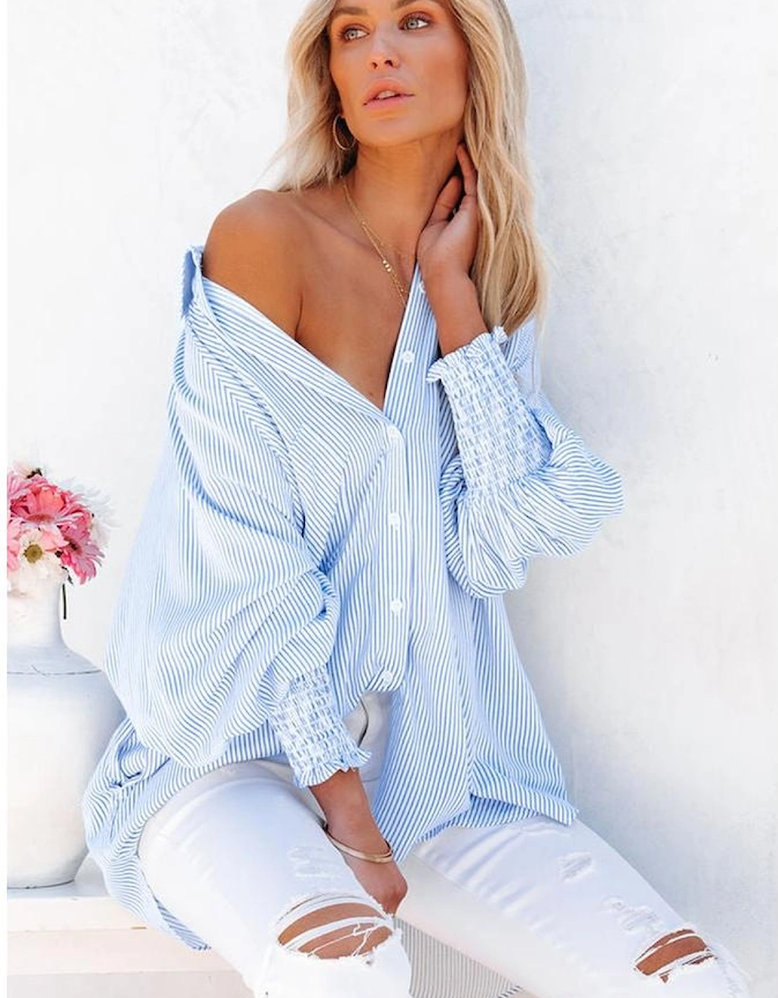 Sky Blue Smocked Cuffed Striped Boyfriend Shirt with Pocket