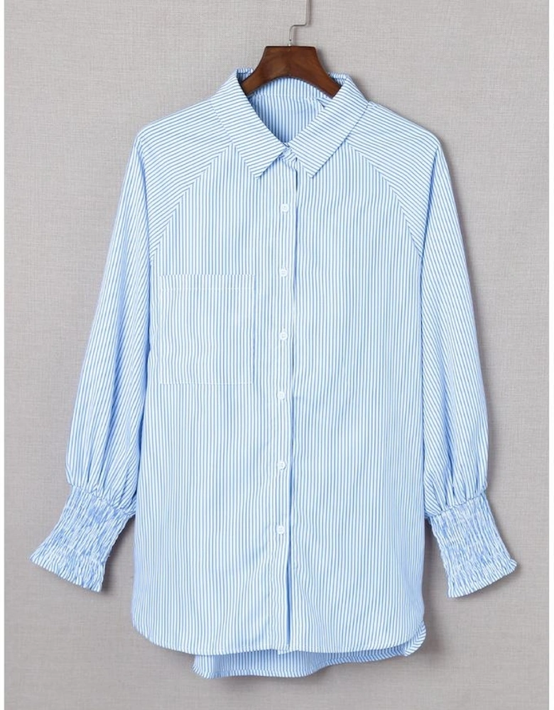 Sky Blue Smocked Cuffed Striped Boyfriend Shirt with Pocket